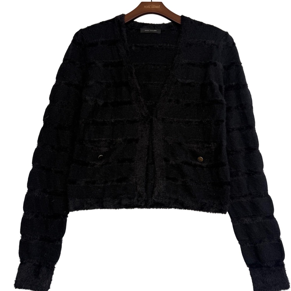 Ann Taylor Black Textured Eyelash Knit Cardigan Small Sweater Pockets Women #133